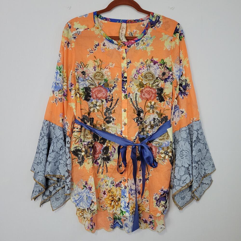 Aratta Silent Journey Floral Lace Bell Sleeve Top size S Button Front Boho New